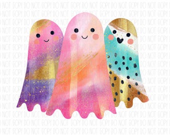 Op de afbeelding: Drie aquarelgeesten met lachende gezichten. De geesten zijn in tinten roze, paars en blauwgroen, met gouden accenten. De afbeelding heeft een grillige en speelse uitstraling, perfect voor Halloween of griezelige decoraties.