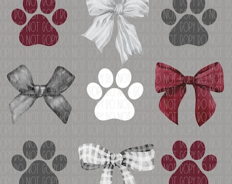 Paw coquette, maroon and grey, mascot, wildcats, tigers, panthers, lions, collage, watercolor bow, Sublimation, DTF, PNG, digital design