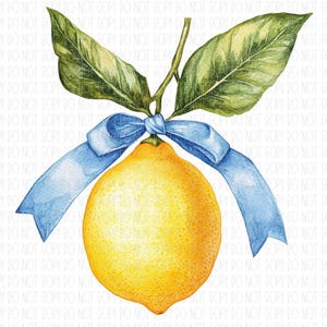 May include: A yellow lemon with green leaves and a blue ribbon tied around the stem. The lemon is a watercolor illustration.