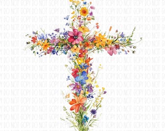 Kruis met wilde bloemen, aquarel, png (digitaal ontwerp)