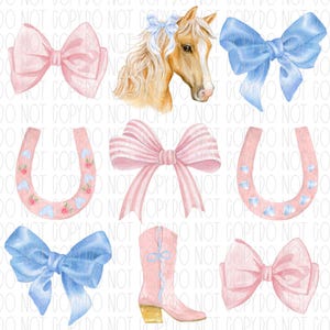 Girly horse, coquette horse, Equestrian bow, Equine bow, horseshoe, collage, pink and blue horse, png, sublimation, digital design