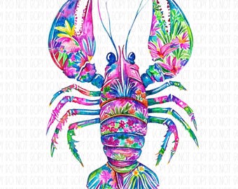 Preppy lobster, floral lobster, beach, colorful watercolor lobster, coastal summer, summer girly, png, sublimation, digital design