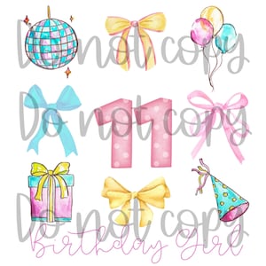 May include: Watercolor illustrations of birthday party elements. Includes a disco ball, bows, balloons, the number 11, a gift box, a party hat, and the text "Birthday Girl" in pink script.