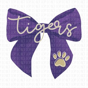 Tigers mascot coquette, spirit wear, Tigers, purple and gold, mascot, coquette, watercolor bow, png, sublimation, digital design