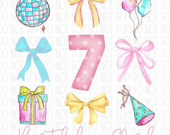 Girl birthday, bow coquette, collage, retro, disco, 7th birthday, seven, aqua, pink, yellow, sublimation, DTF, PNG, digital design