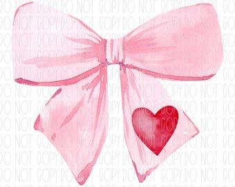 Pink watercolor bow, preppy watercolor bow, red heart, png, sublimation, digital design