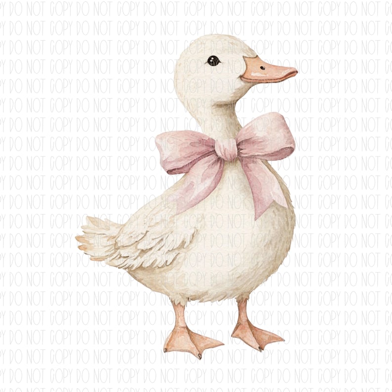 May include: A white duckling with a pink bow around its neck. The duckling is standing on a white background.