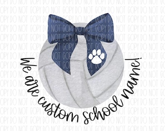 Könnte beinhalten: Ein weißer Volleyball mit einer blauen Schleife und einem Pfotenabdruck. Der Text "We are custom school named!" ist um den Volleyball herum geschrieben.