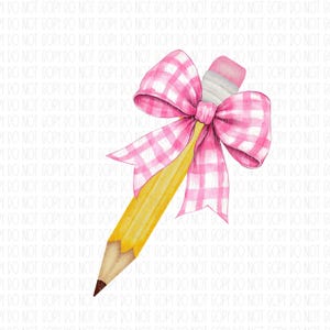 Kokette Schleife Bleistift, Gingham rosa Schleife, Bleistifte Schleife, Grandmillennial Bleistift, zurück zu Schule Bleistift, png, Sublimation, digitales Design, DTF