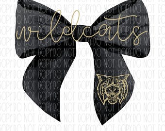 Wildcats mascot, coquette bow, Scottsboro Wildcats, Ft. Payne Wildcat, watercolor bow, black and gold, png, sublimation, digital design