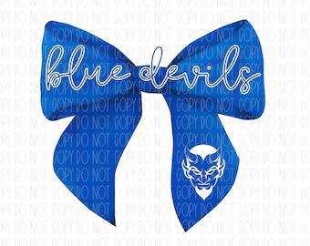 Blue devils mascot coquette, watercolor bow, blue and white, blue devils, sublimation, DTF, PNG, digital design