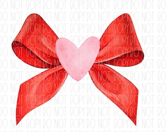 Valentine's Day bow, heart coquette bow, pink and red, preppy, Valentines, watercolor bow, png, sublimation, digital design