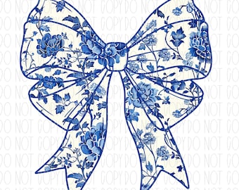 Chinoiserie bow, Grandmillennial coquette bow, blue white bow, bridal shower bow, toile, girly bow, png, sublimation, digital design