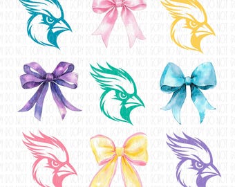 Cardinals coquette, mascot, preppy, colorful collage, watercolor bow, png, sublimation, digital design