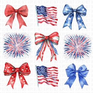 以下が含まれることがあります： 赤、白、青の水彩画で描かれたリボン、花火、アメリカ国旗のイラストが9点セットになったデジタルクリップアートです。デジタルプロジェクトに愛国的な雰囲気を加えるのに最適です。