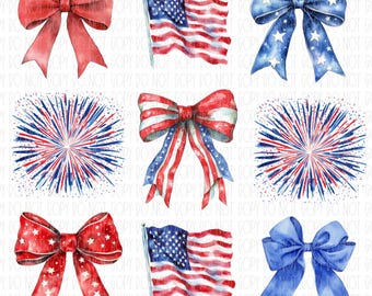 May include: A set of nine digital clipart images featuring red, white, and blue watercolor illustrations of bows, fireworks, and American flags. The images are perfect for adding a patriotic touch to digital projects.