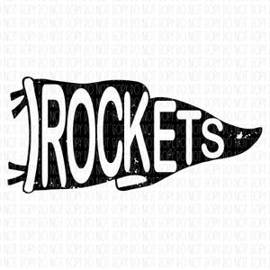 May include: A black and white pennant design with the word "ROCKETS" in bold, distressed white letters. The pennant has a vintage, textured look, suitable for sports-themed merchandise.