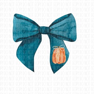 May include: A teal watercolor bow with a pumpkin illustration. The bow is a large, decorative element with a textured appearance. The pumpkin is orange with a white string tied around it.