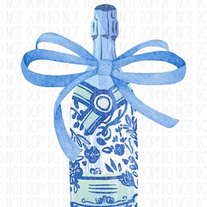 Blue Watercolor Coquette Champagne Bottle, Grandmillennial coquette, bow, kitchen, Bridal Shower, png, sublimation, digital design