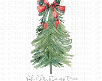 Op de afbeelding: Waterverfillustratie van een kerstboom met een rood-groene geruite strik. De boom is groen met een bruine stam. De woorden "Oh Christmas tree" staan in cursief onderaan.