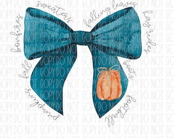 Fall Coquette bow, autumn, Fall, watercolor, pumpkin, teal, sublimation, png, digital design