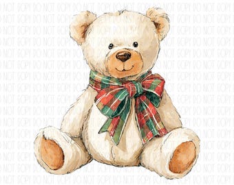 May include: A watercolor illustration of a cream-colored teddy bear with a brown nose and paws. The bear wears a large plaid bow in red, green, and gold. The bear is sitting upright.