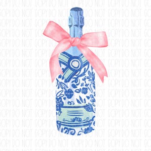 Blue Watercolor Coquette Champagne Bottle, Grandmillennial coquette, pink bow, kitchen, Bridal Shower, png, sublimation, digital design