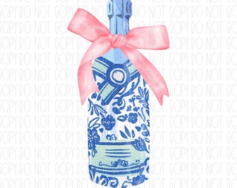Blue Watercolor Coquette Champagne Bottle, Grandmillennial coquette, pink bow, kitchen, Bridal Shower, png, sublimation, digital design