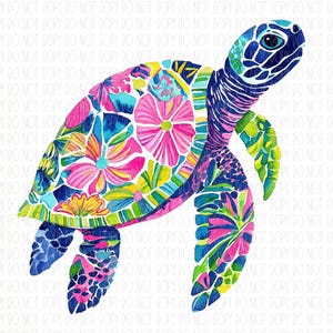 Tortuga marina elegante, tortuga marina floral, playa, tortuga de acuarela colorida, verano femenino, verano costero, png, sublimación, diseño digital