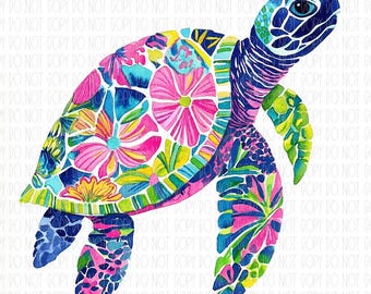 Preppy sea turtle, floral sea turtle, beach, colorful watercolor turtle, summer girly, coastal summer, png, sublimation, digital design