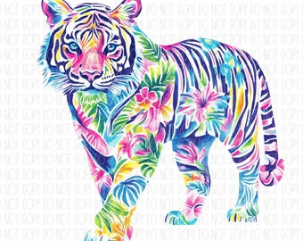 Preppy Tiger, floral tiger, colorful watercolor tiger, tiger spirit wear, sublimation, DTF, PNG, digital designn