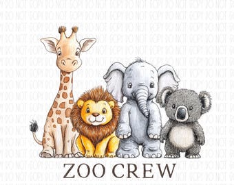 May include: A watercolor illustration of a giraffe, lion, elephant, and koala. The animals are standing in a row and the text "ZOO CREW" is written below them.