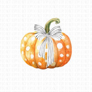 May include: Watercolor illustration of a pumpkin with white polka dots and a striped bow. The pumpkin is orange with a green stem. A decorative fall-themed design.