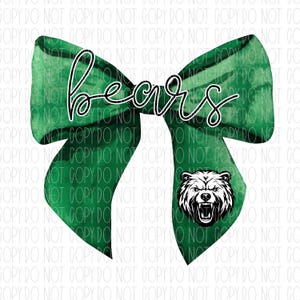 Bears mascot coquette, spirit wear, Bears, green, mascot, coquette, watercolor bow, png, sublimation, digital design