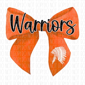Lazo de coqueta de la mascota de los Warriors, acuarela, naranja, preppy, png, sublimación, diseño digital