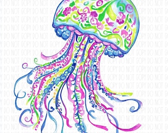 Preppy jellyfish, floral jellyfish, beach, colorful watercolor jellyfish, summer girly, coastal summer, png, sublimation, digital design