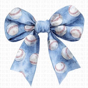 May include: A blue bow with a white baseball pattern. The bow is tied in a knot and the ends are flowing.