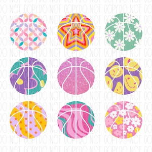 May include: Nine different basketball designs with various patterns. The designs include a pink and green basketball with flowers, a pink and white basketball with a swirl pattern, a yellow and purple basketball with smiley faces, a pink and white basketball with glitter, a yellow and orange basketball with stars, a green and white basketball with daisies, a pink and yellow basketball with flowers, a pink and blue basketball with a swirl pattern, and a yellow and red basketball with a starburst pattern.