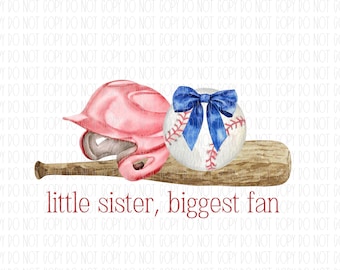 Little sister biggest fan, Baseball sister, Baseball, watercolor coquette bow, png, sublimation, digital design