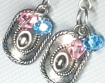 Cowboy hat drop dangle earrings, Antique Silver with blue and pink crystals dangle earrings, surgical steel