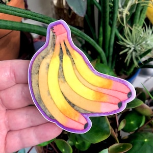 Puede incluir: Una colorida pegatina con un racimo de plátanos. Los plátanos transicionan de amarillo a naranja y rosa, con un contorno morado. La pegatina se muestra frente a un fondo de plantas verdes.
