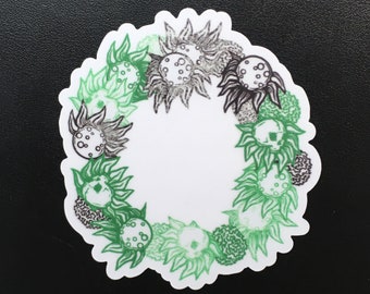 Moon Flowers & Skull Daisies Wreath - 3" Durable Vinyl Decal - Circle of Foliage - Moon - Skull - Flowers - Original Artwork by Jessica Lied