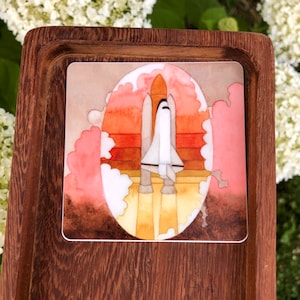 Retro-Raketenaufkleber - Mit Original-Aquarell von Jessica Lied - 3 "x 3" Quadrat mit abgerundeten Ecken, Qualitäts-Vinyl-Aufkleber"