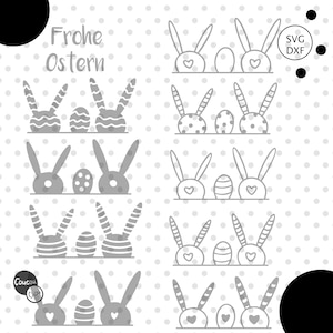 Puede incluir: Un archivo de diseño digital para un conjunto de cinco siluetas de conejos de Pascua y huevos. El diseño presenta un patrón repetitivo de tres conejos con un solo huevo entre cada par. El texto "Frohe Ostern" está incluido en el diseño.