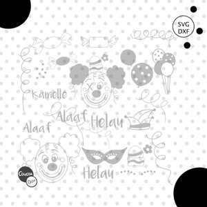 Op de afbeelding: Zwart-witte lijntekening van een clown met een rode neus en een brede glimlach. De illustratie is omringd door confetti, snoepjes en ballonnen. De tekst "Alaaf Helau" is geschreven in een speels lettertype.