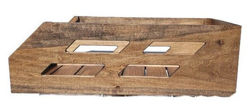 May include: A wooden storage crate with a natural brown finish. The crate has three open compartments with slatted bottoms.