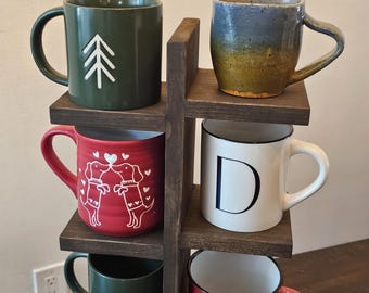 Wooden Mug Stand, Tired Cup Holder, Rustic Display Shelf, Coffee, Mug Cup Stand
