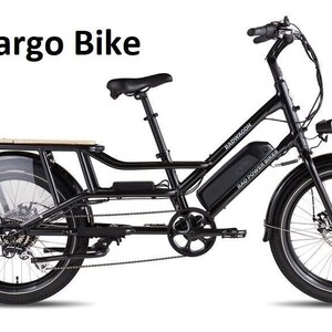 May include: A black RadWagon cargo bike with a wooden cargo bed, black fenders, and a black Rad Power Bikes battery. The bike has a black frame, black handlebars, and black wheels.