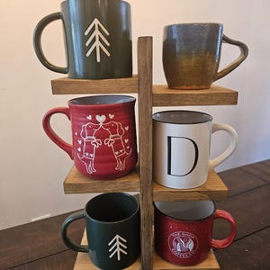 Handcrafted Tiered Wooden Mug Stand, Rustic Coffee Cup Display Shelf