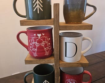 Handcrafted Tiered Wooden Mug Stand, Rustic Coffee Cup Display Shelf